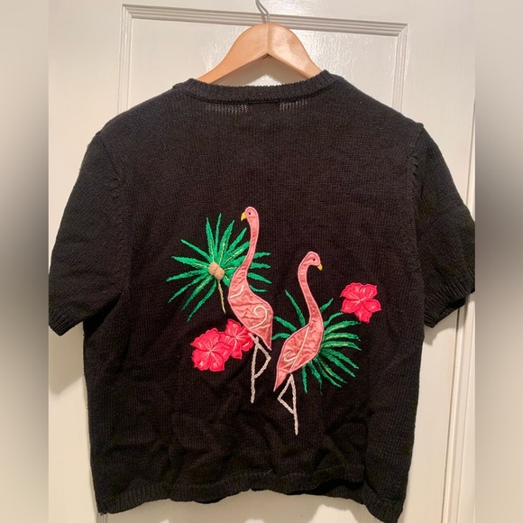 Designers Studio Originals VTG Short Sleeve Embroidered Palm Flamingo Sweater - Picture 2 of 14